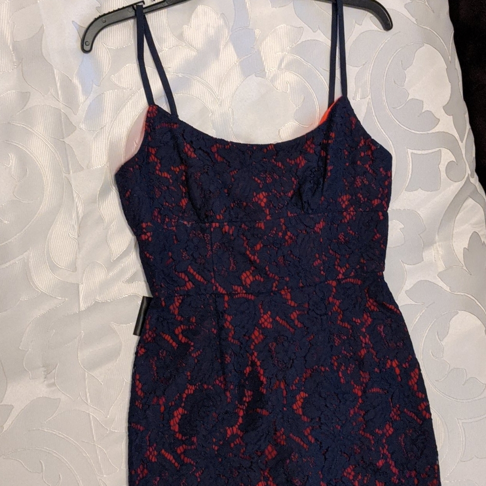 Blue lace on Red Cocktail Dress